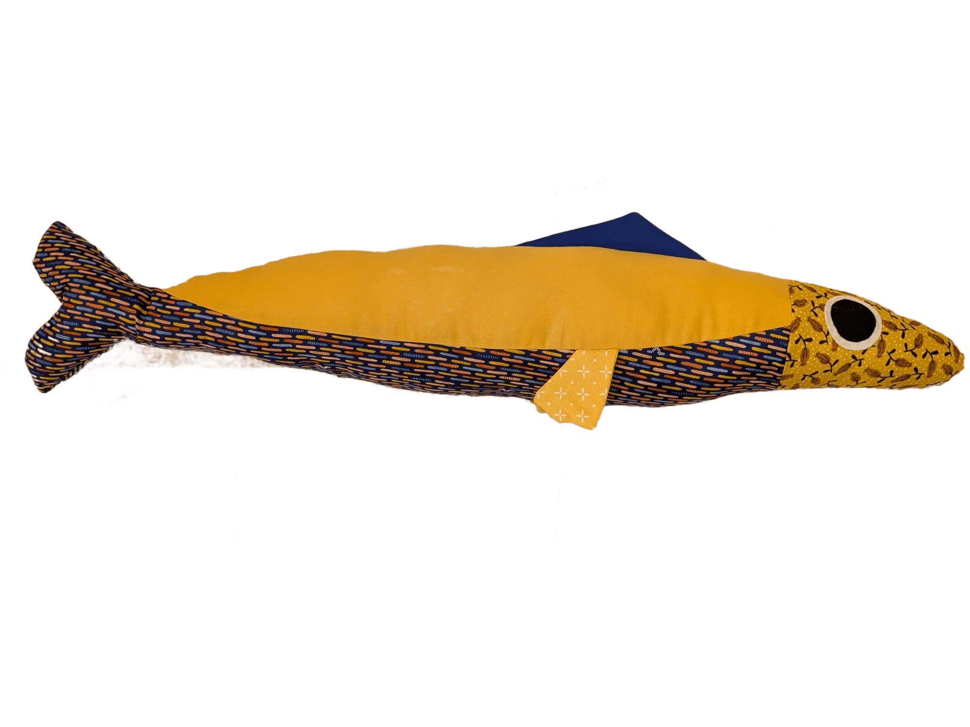 3 foot long yellow and blue plush sardine