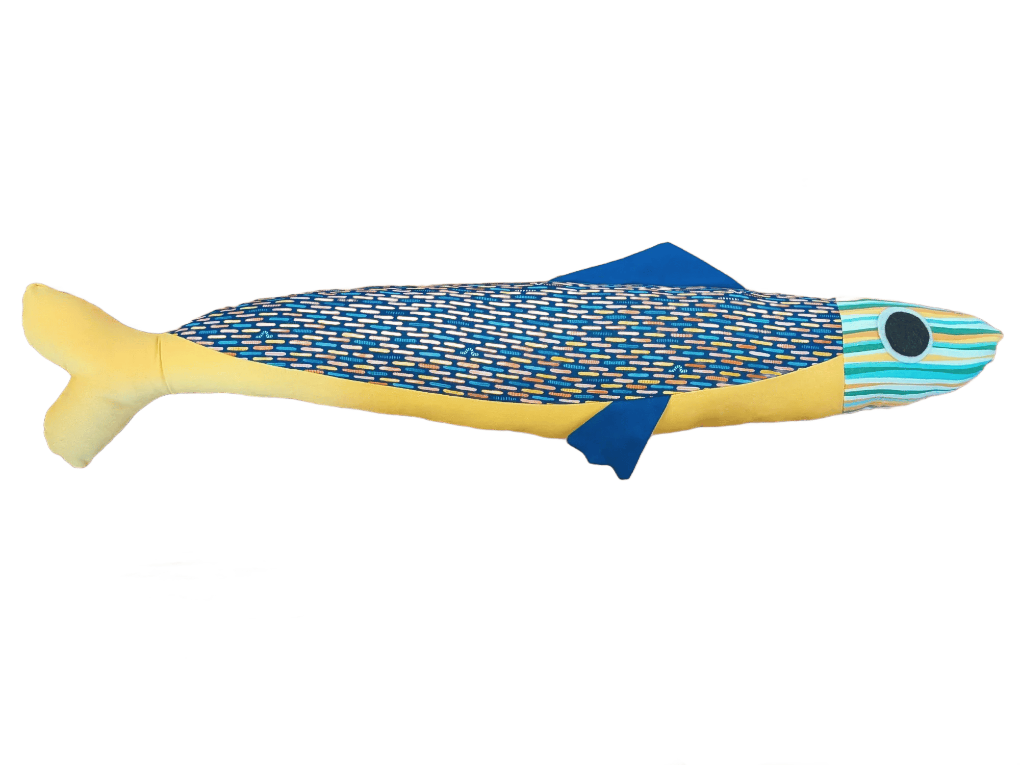 3 foot long yellow and blue plush sardine