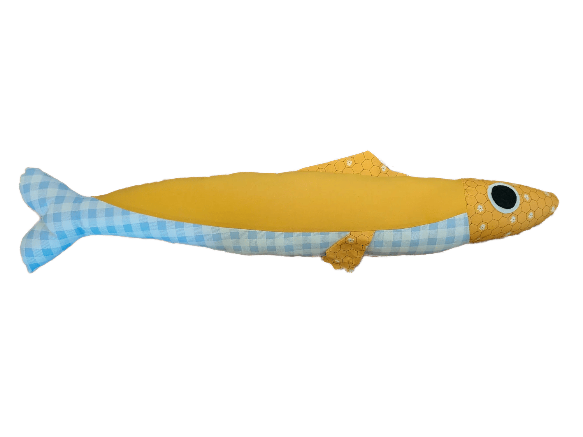 3 foot long yellow and blue plush sardine