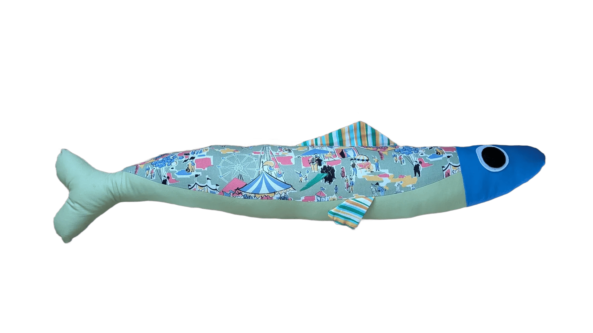 3 foot long carnival and blue plush sardine