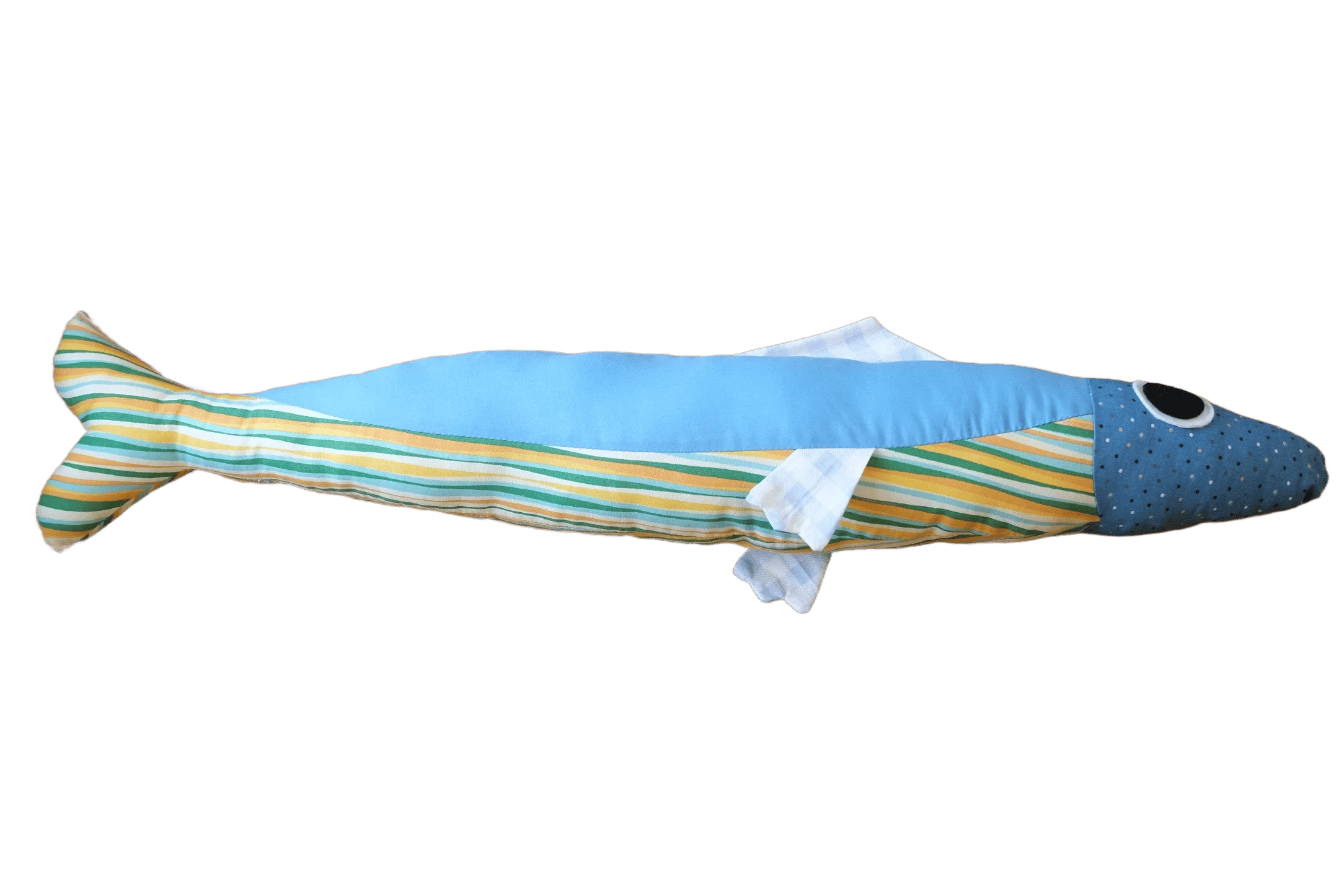 3 foot long yellow and blue plush sardine
