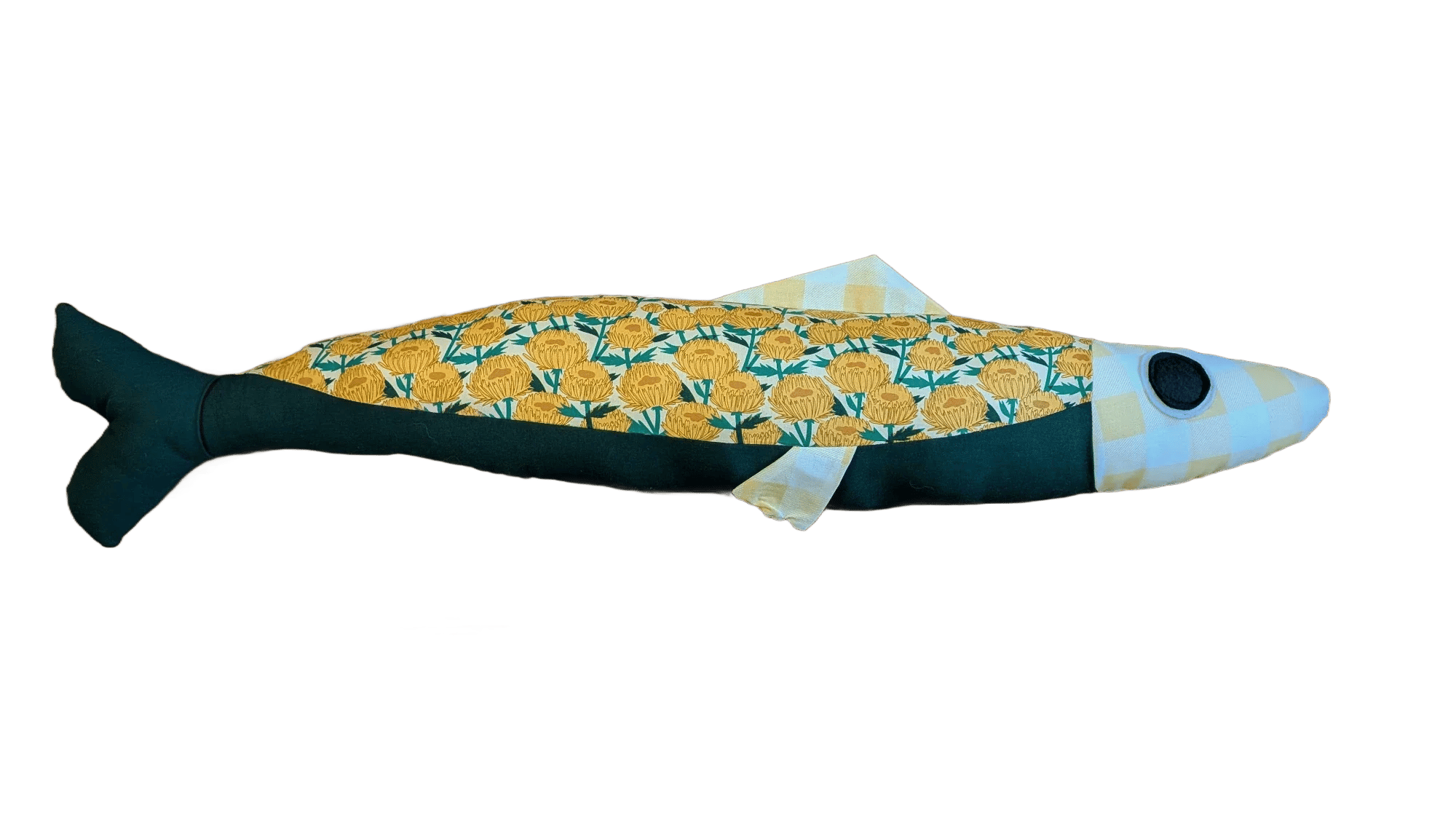 3 foot long yellow and green floral plush fish