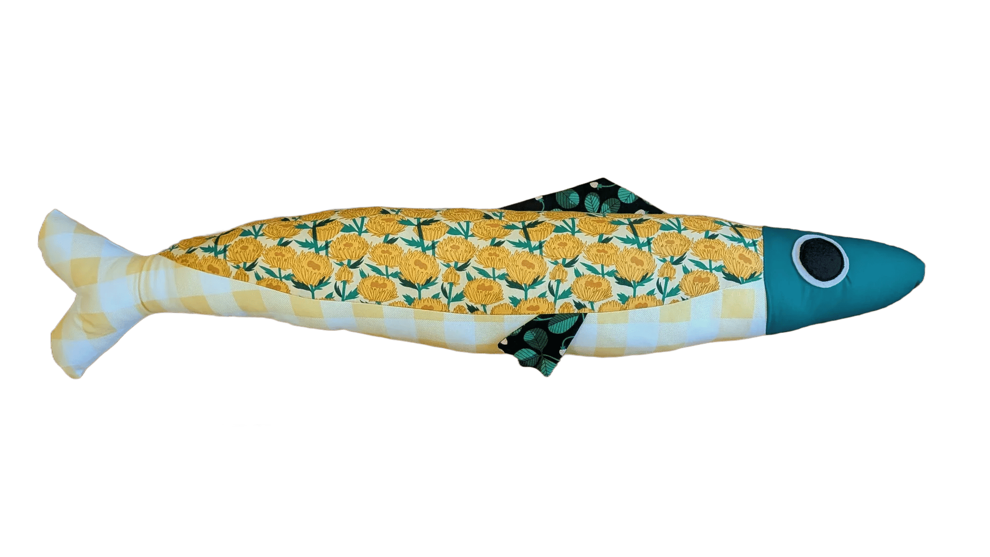 3 foot long yellow and green floral plush fish