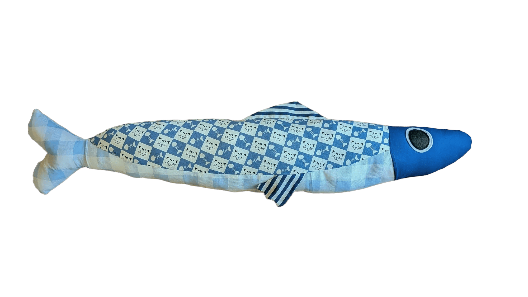 3 foot long blue fish and cat pattern plush fish