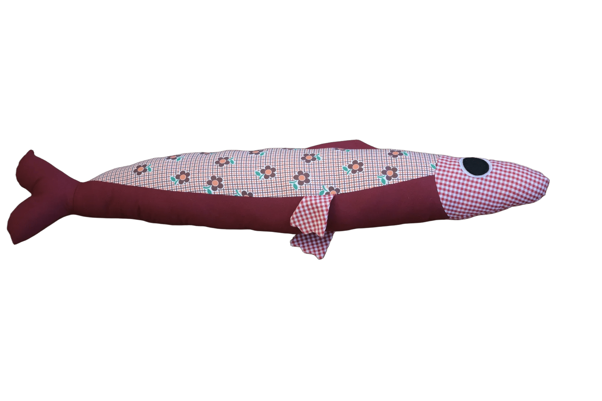 3 foot long dark red and gingham plush fish