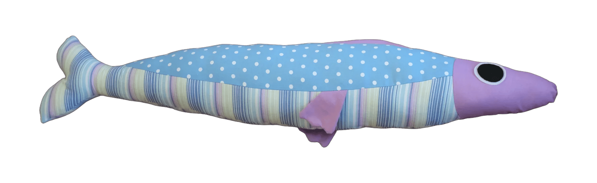 Handmade Big Sardine plush in pastel stripes with a lilac head and blue polka dots.
