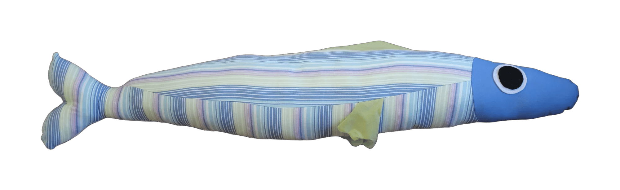 Handmade Big Sardine plush in pastel stripes with a blue head and pale green fin.