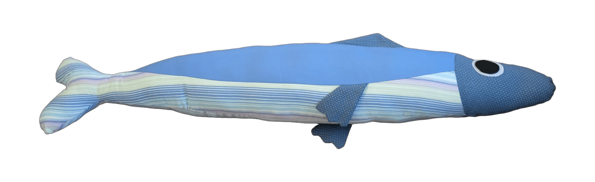 Handmade Big Sardine plush in blue panels with a pastel striped tail.