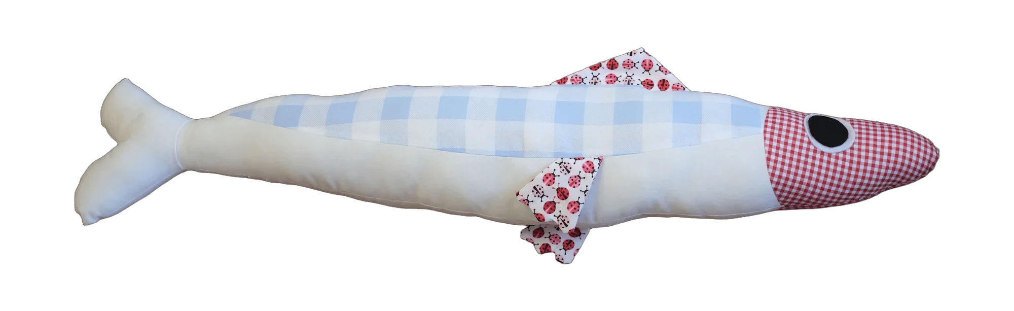Handmade Big Sardine plush in pastel checks with a pink head and gingham fin.