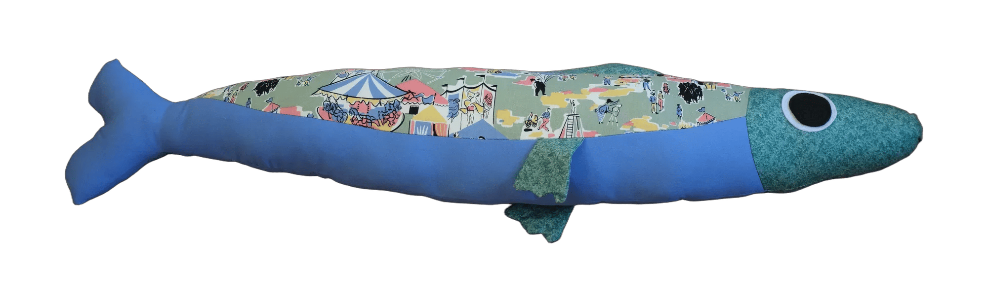 Handmade Big Sardine plush in blue and illustrated patchwork with a teal head.