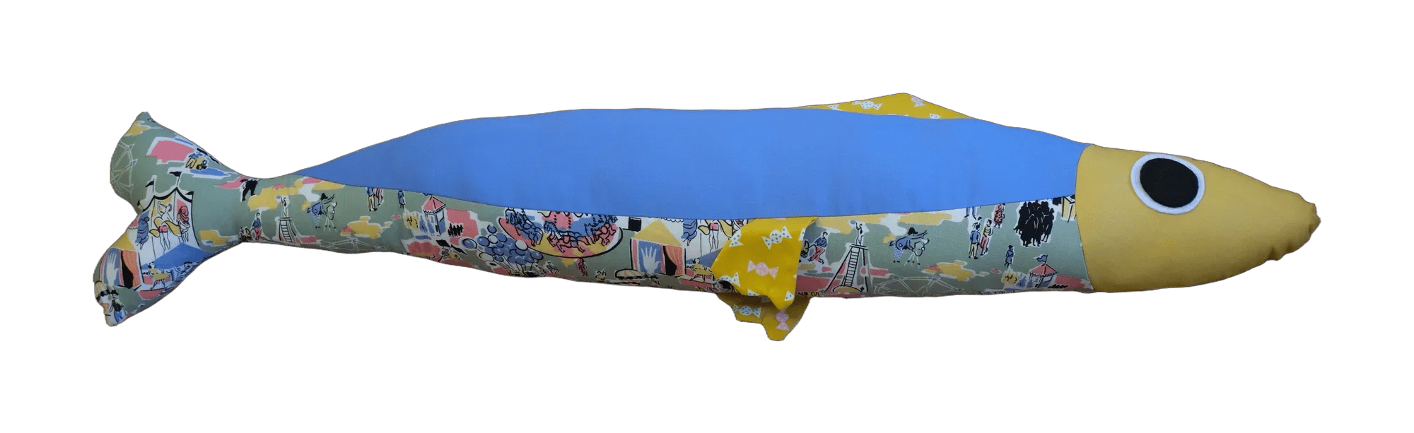 Handmade Big Sardine plush in blue and illustrated patchwork with a yellow head.
