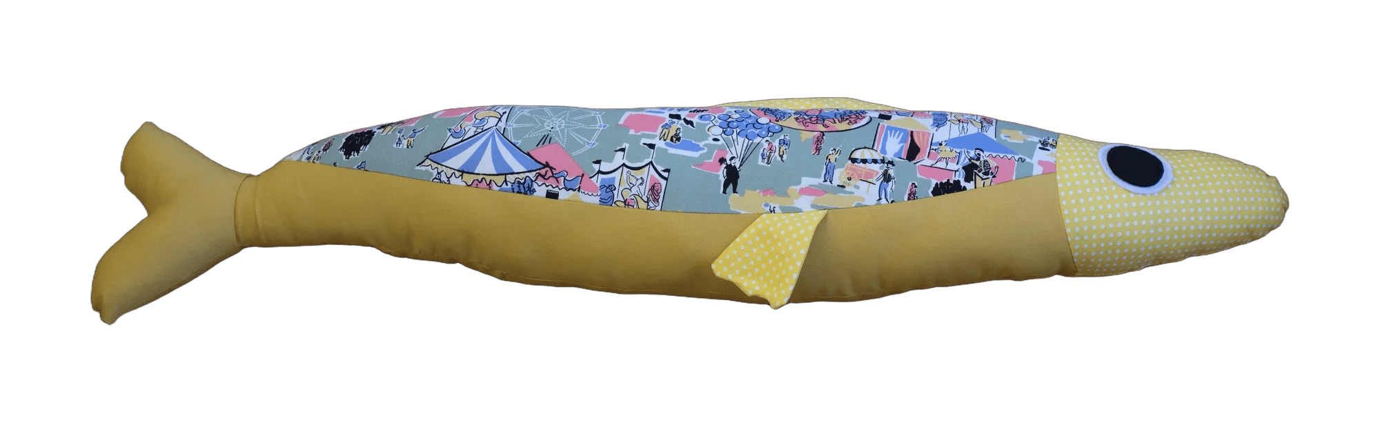 Handmade Big Sardine plush in yellow and illustrated patchwork.