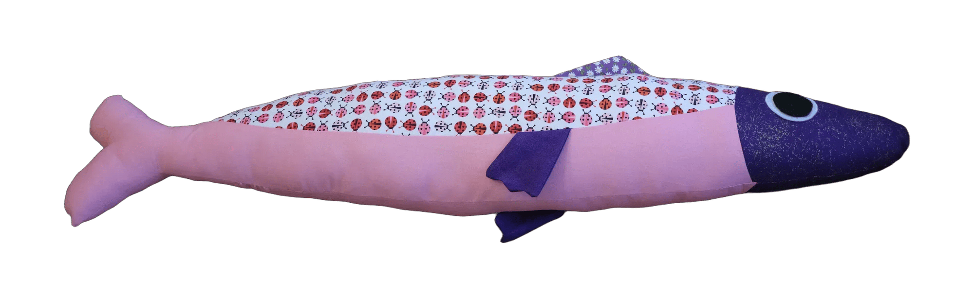 Handmade Big Sardine plush in pink stripes and checks with a purple head.