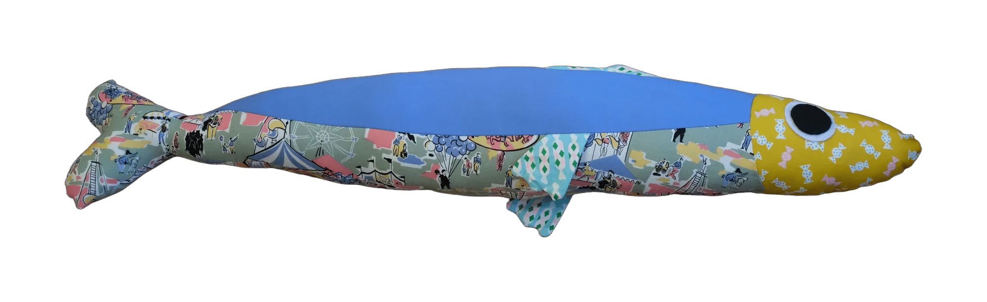 Handmade Big Sardine plush in blue and illustrated patchwork with a yellow patterned head.