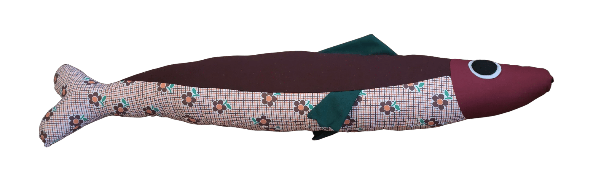 Handmade Big Sardine plush in burgundy and small floral checks with a green fin.