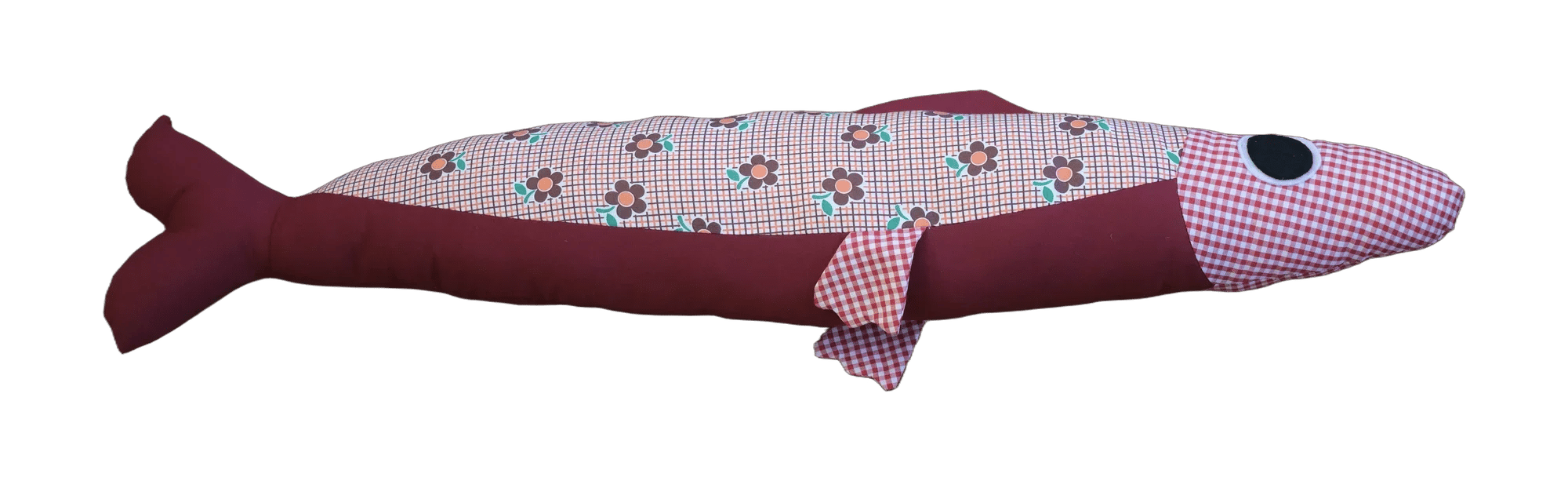 Handmade Big Sardine plush in burgundy and floral checks with a pink gingham head.