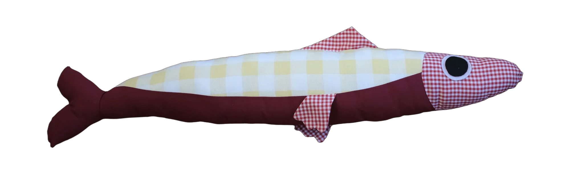 Handmade Big Sardine plush in burgundy and pale yellow checks with a gingham head.