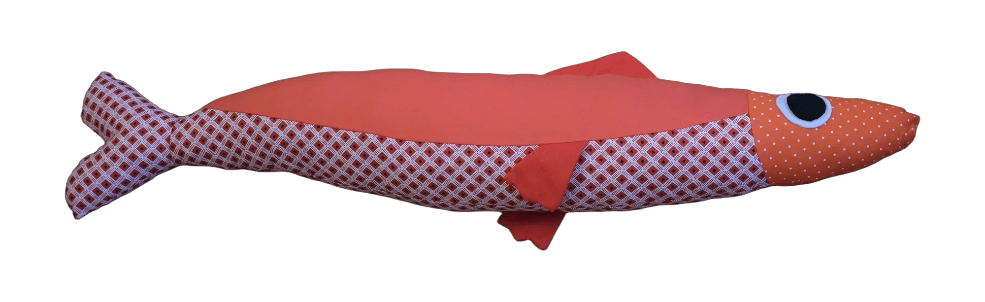 Handmade Big Sardine plush in red with a dotted lower panel and orange head.