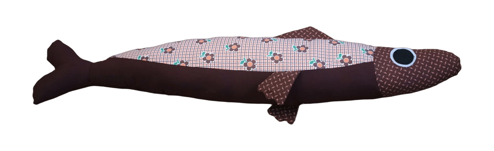 Handmade Big Sardine plush in brown and small floral checks with a gingham head.