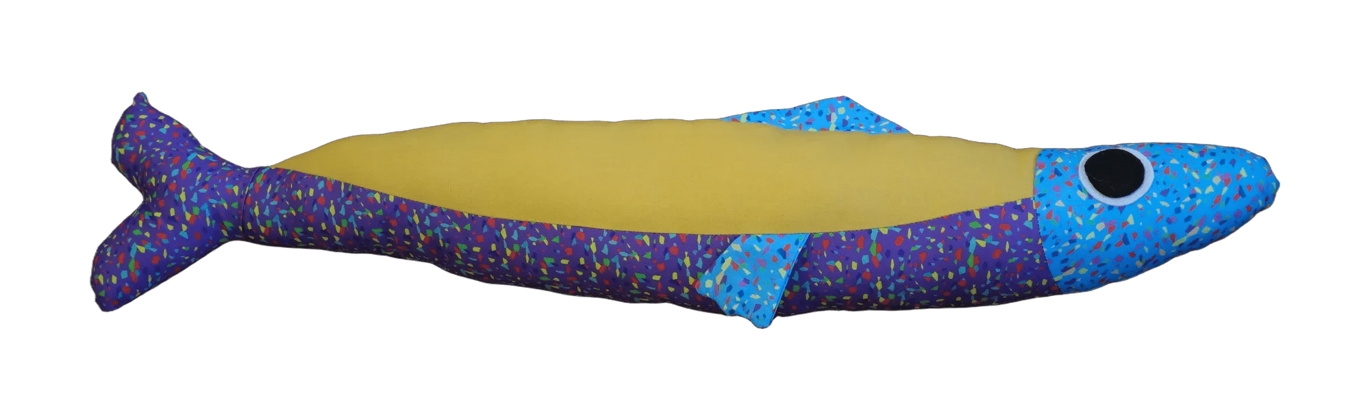 Handmade Big Sardine plush in yellow and multicoloured dots with a blue head.