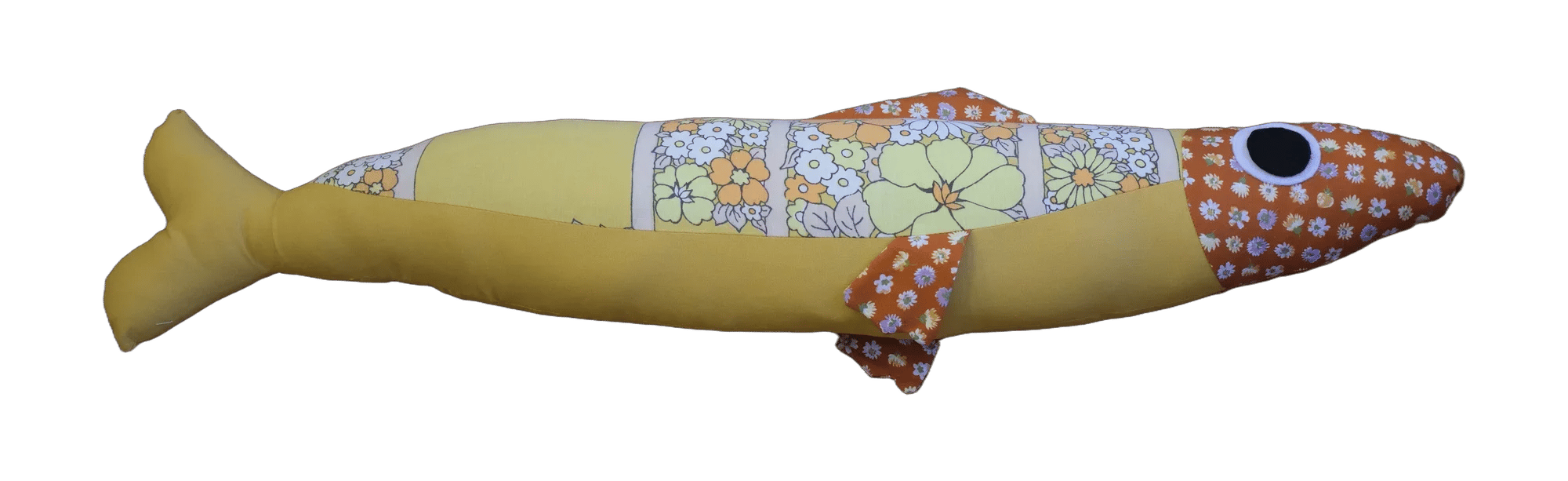 Handmade Big Sardine plush in yellow floral patchwork with an orange dotted head.