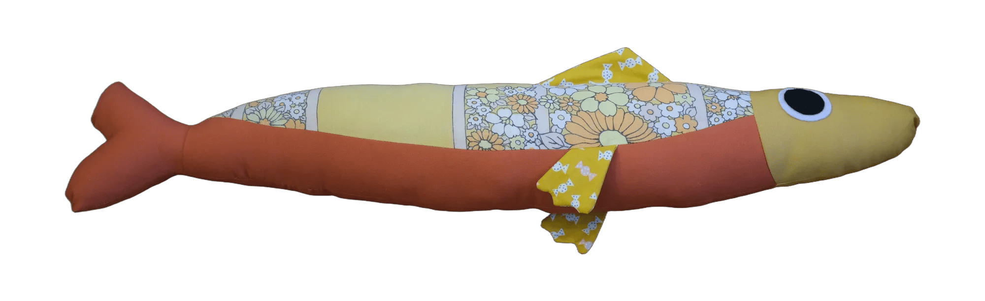 Handmade Big Sardine plush in orange and yellow floral patchwork.