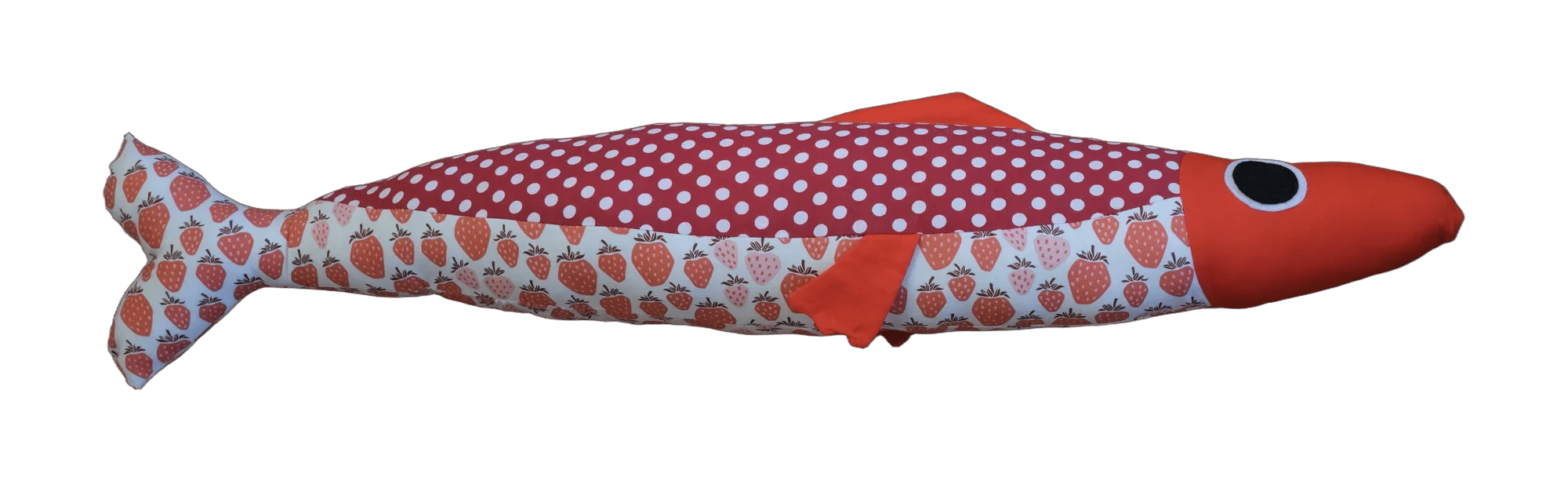 Handmade Big Sardine plush in red polka dots and strawberry print.