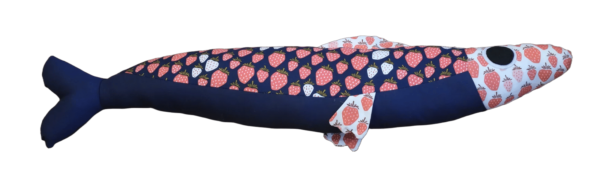 Handmade Big Sardine plush in navy with a strawberry print head and fin.