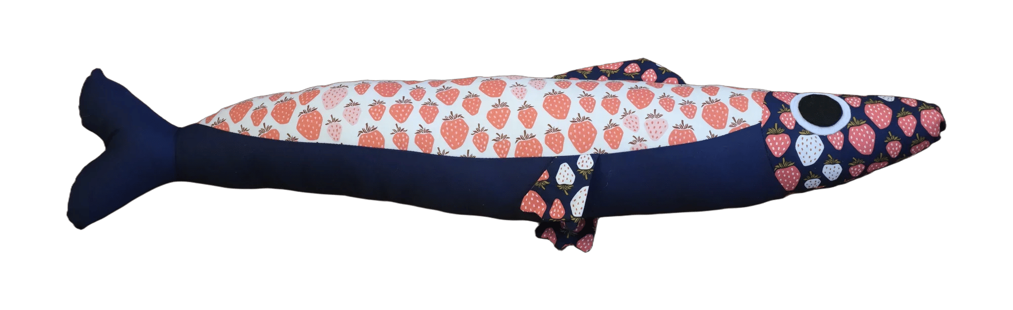 Handmade Big Sardine plush in navy and strawberry print with a dark patterned head.