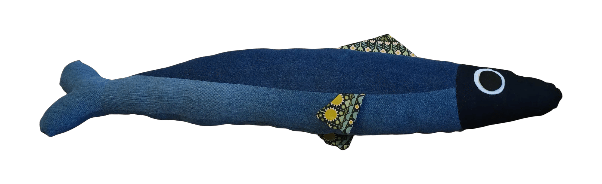 Handmade Big Sardine plush in blue denim with a yellow flower patterned fin.