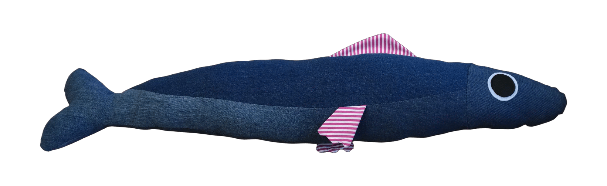 Handmade Big Sardine plush in blue denim with a pink striped fin.