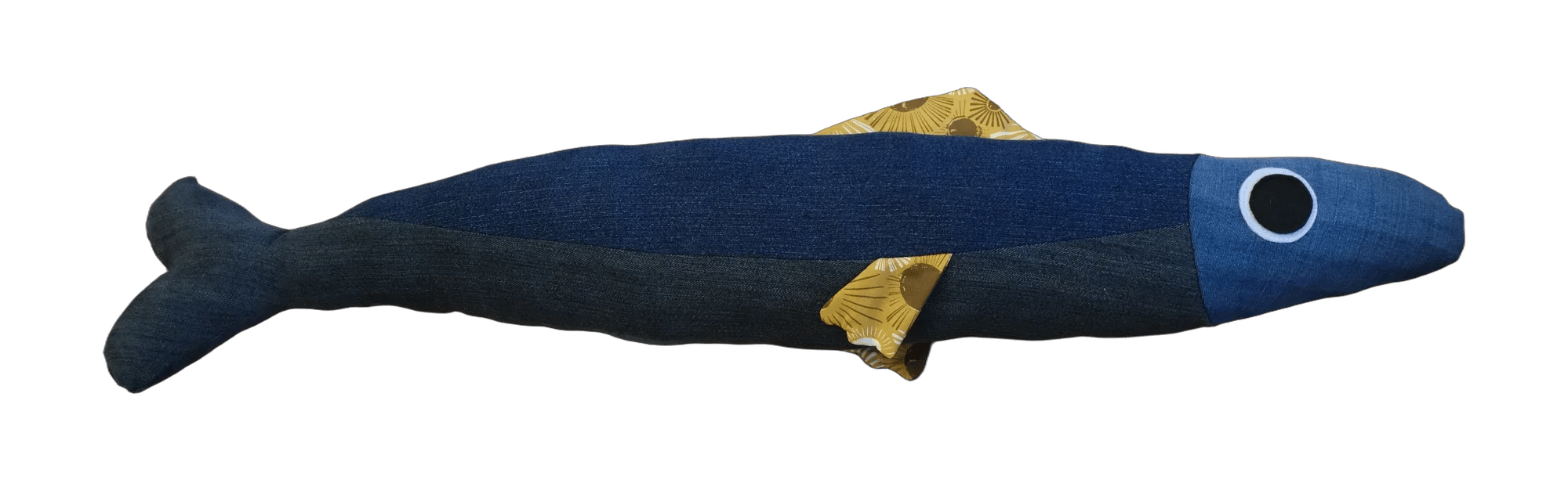 Handmade Big Sardine plush in blue denim with a blue head and golden yellow fin.