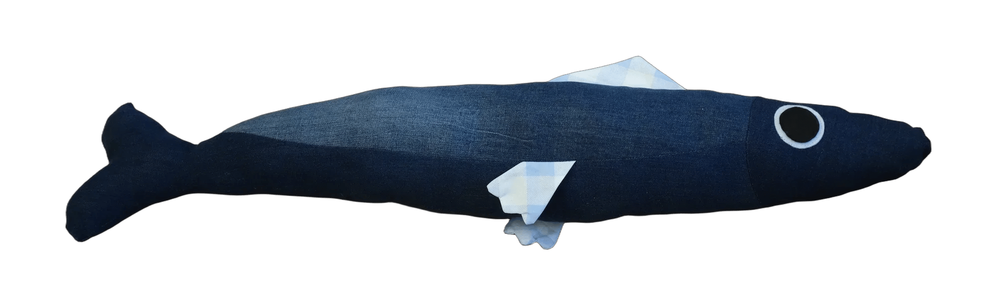 Handmade Big Sardine plush in blue denim with a pale blue checked fin.