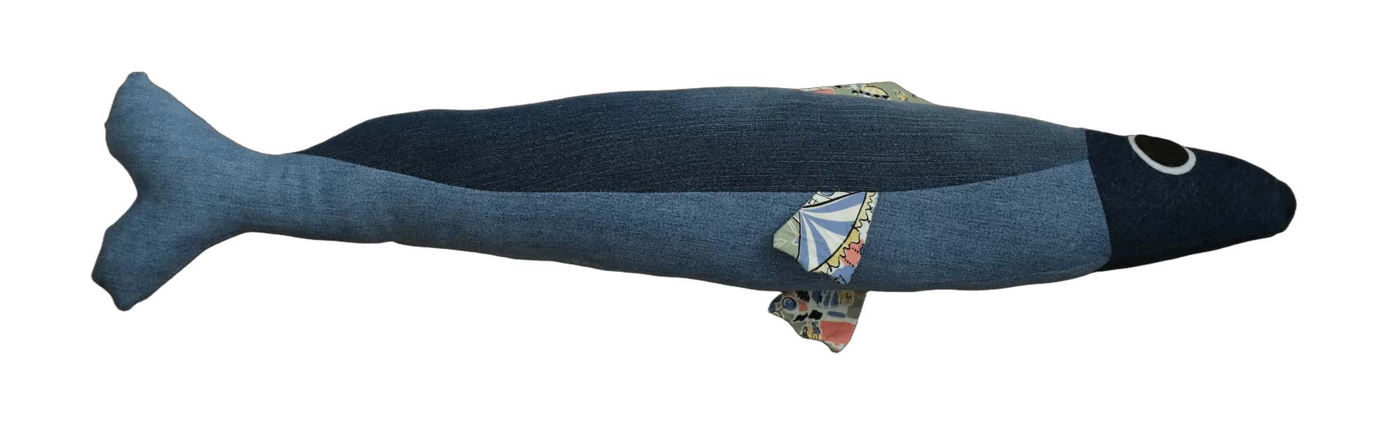 Handmade Big Sardine plush in blue denim with a colourful illustrated fin.