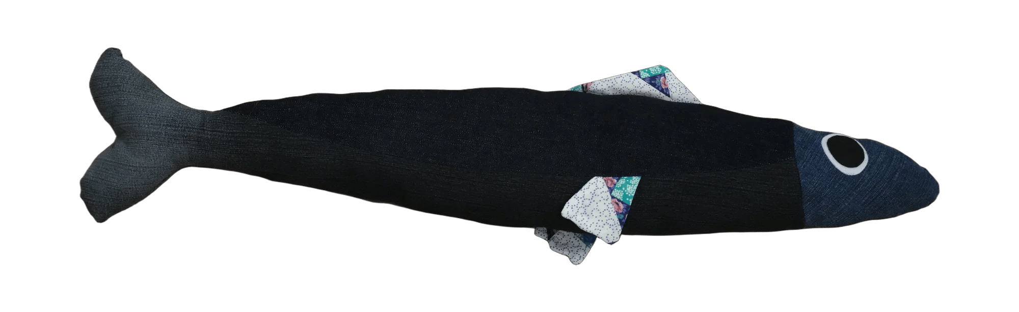 Handmade Big Sardine plush in dark denim with a pale patchwork fin.