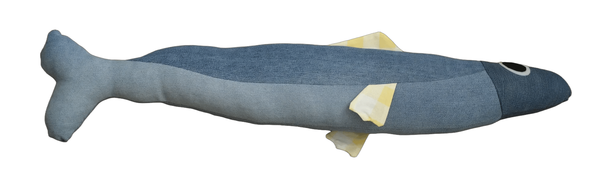 Handmade Big Sardine plush in grey denim with a golden yellow fin.