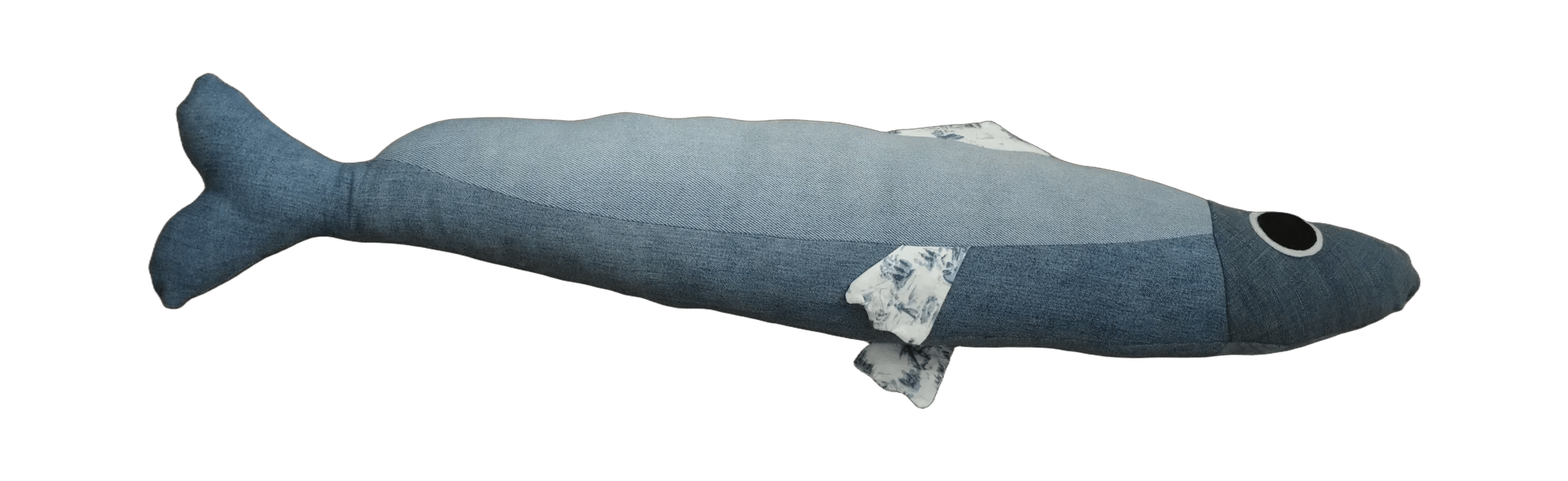 Handmade Big Sardine plush in grey denim with a blue and white printed fin.