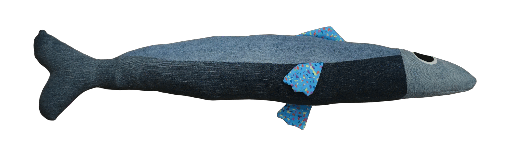 Handmade Big Sardine plush in blue denim with a bright blue fin.