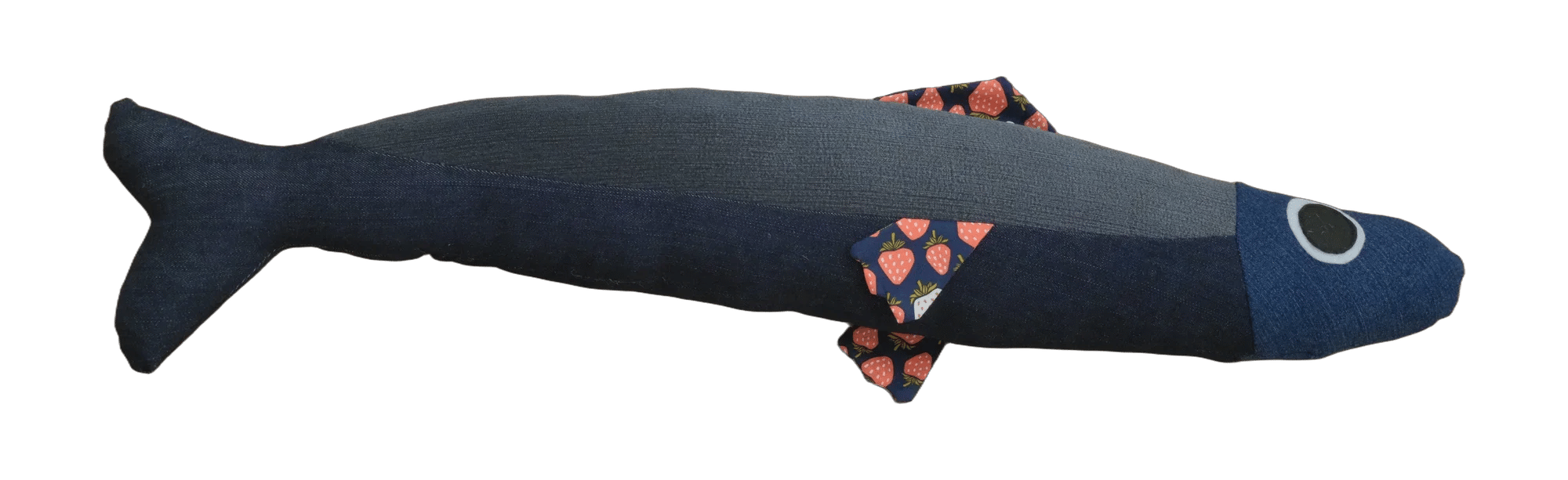 Handmade Big Sardine plush in dark denim with a strawberry print fin.