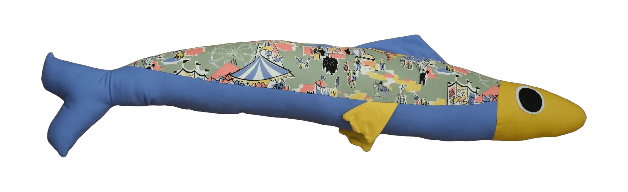 Handmade Big Sardine plush in blue and illustrated patchwork with a yellow head.