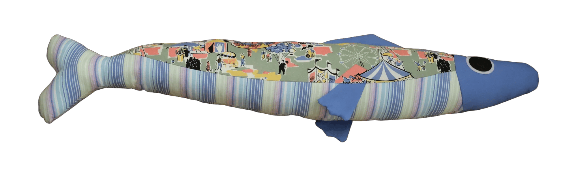 Handmade Big Sardine plush in pastel stripes and illustrated patchwork with a blue head.