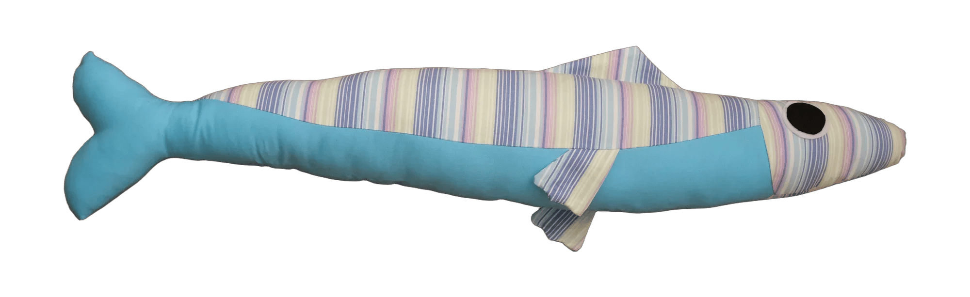 Handmade Big Sardine plush in turquoise and pastel stripes.