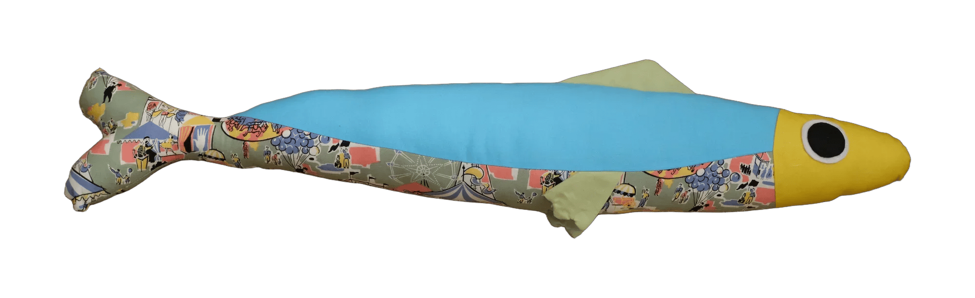 Handmade Big Sardine plush in turquoise and illustrated patchwork with a yellow head.