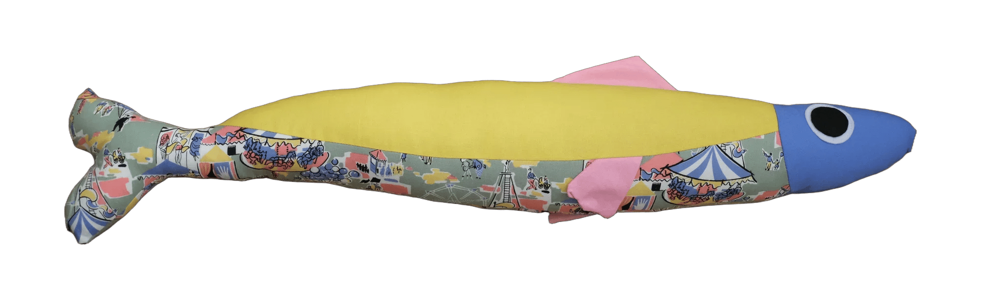 Handmade Big Sardine plush in yellow and illustrated patchwork with a blue head and pink fin.