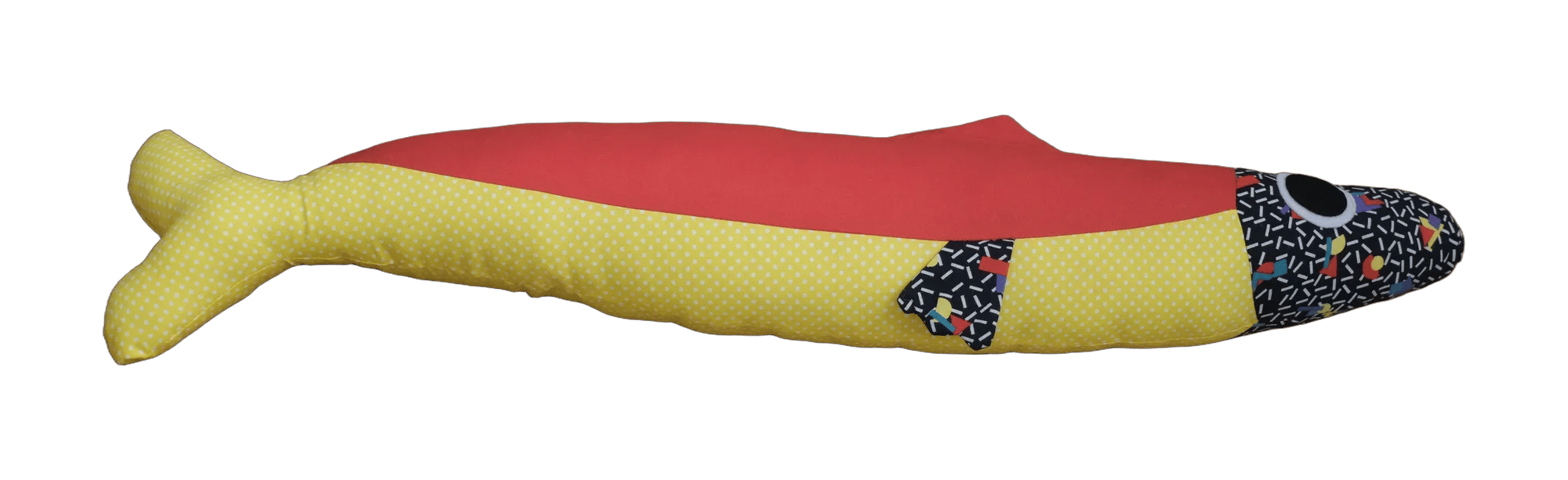 Handmade Big Sardine plush in yellow and red with a dark floral head.