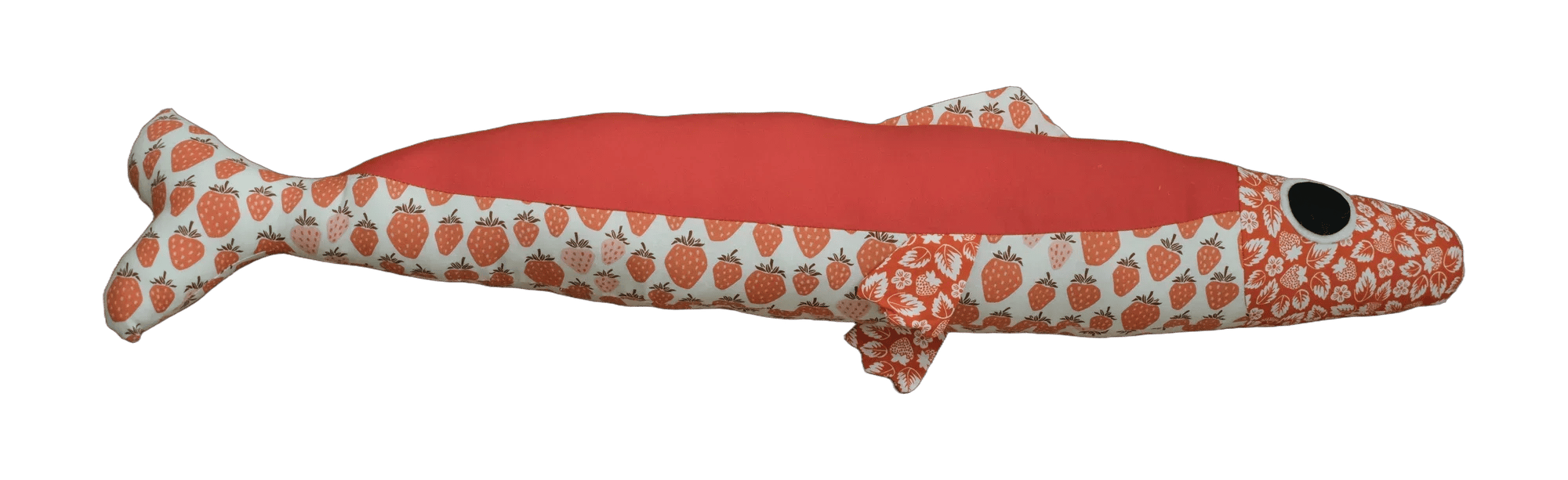 Handmade Big Sardine plush in red with a strawberry print lower panel and head.