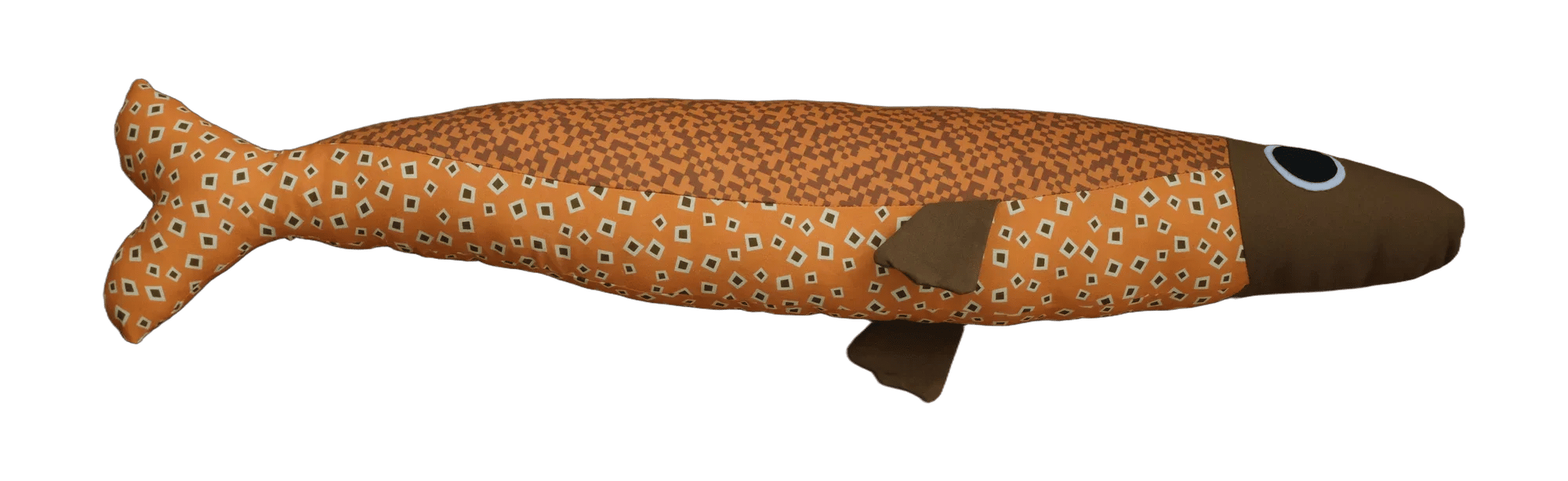 Handmade Big Sardine plush in orange print with a brown head and fin.