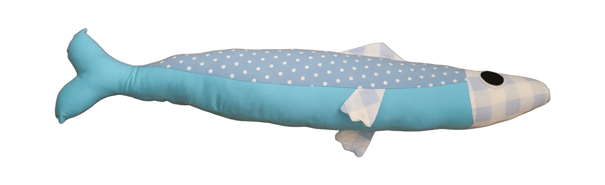 Handmade Big Sardine plush in pale blue polka dots with a pastel checked head.