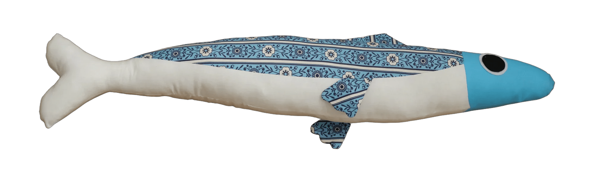 Handmade Big Sardine plush in cream and blue geometric print with a turquoise head.