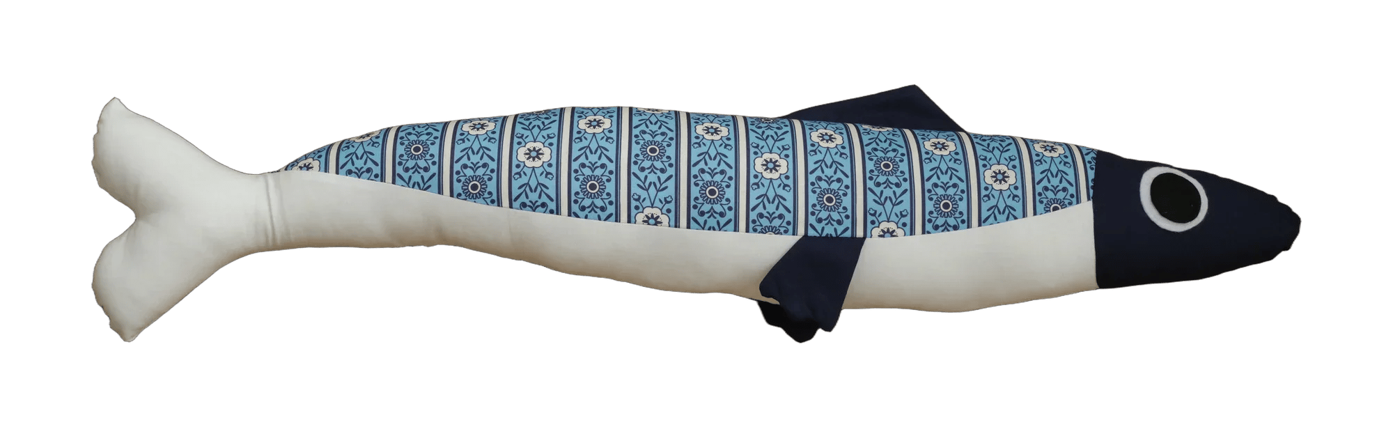 Handmade Big Sardine plush in cream and blue geometric print with a dark head.